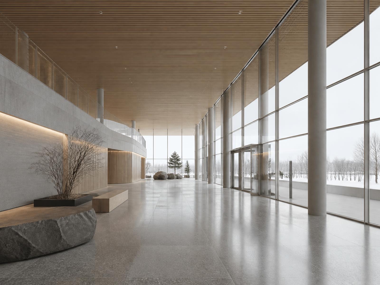 A minimal Scandinavian terminal hall with pale timber ceiling, tall glass walls and soft winter daylight
